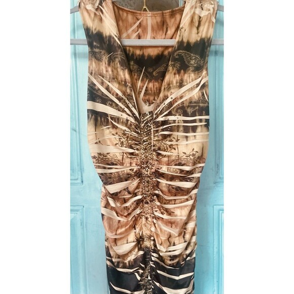 Ladies Bronze Boho Animal Print Sleeveless Beaded Body Con Dress Size Medium - Picture 2 of 8